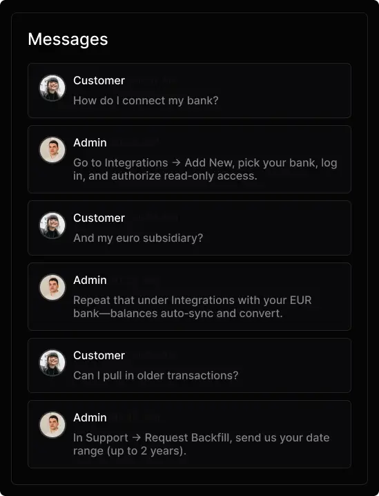 Aspect product interface showing connected banks